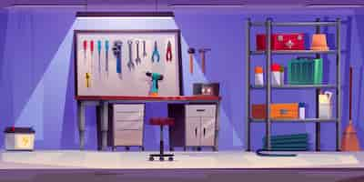 Free vector cartoon garage interior with workshop furniture and tools on wall board vector car repair and store room inside with table and chair rack with toolbox and first aid kit screwdrivers and pliers