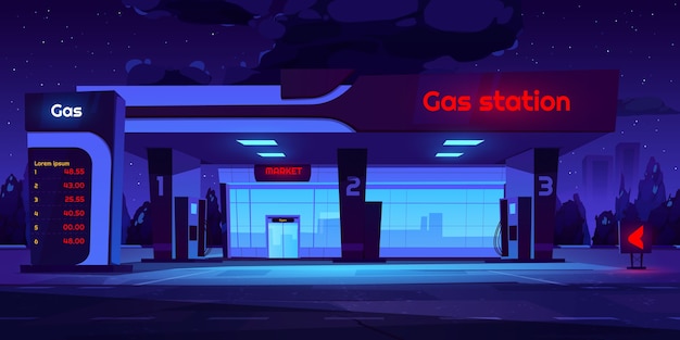 Free vector cartoon gas station background at night