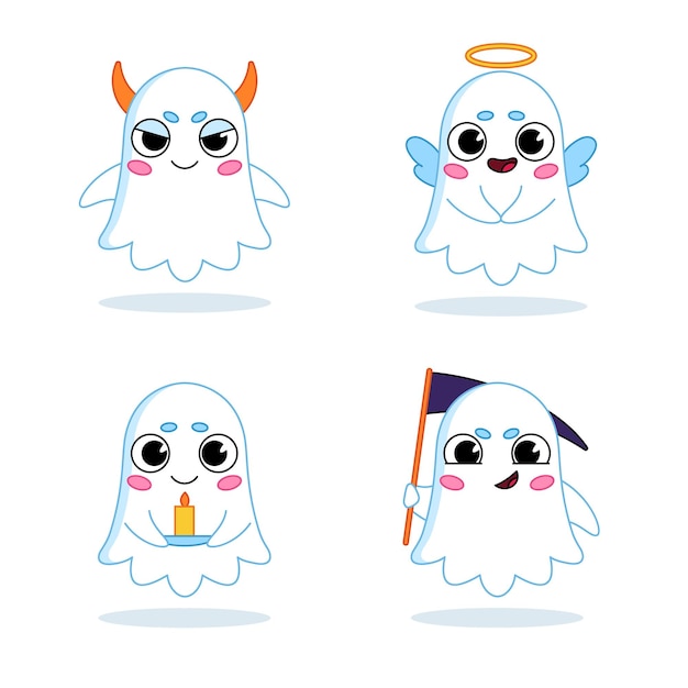 Free vector cartoon ghost character holding candle and flying on angel wings set