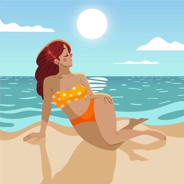 Free vector cartoon girl in bikini on the beach illustration