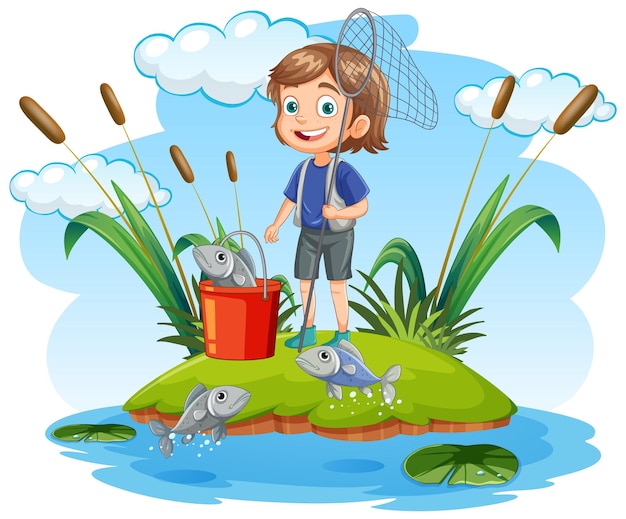 Бесплатное векторное изображение Девушка из мультфильмов ловит рыбу в пруду