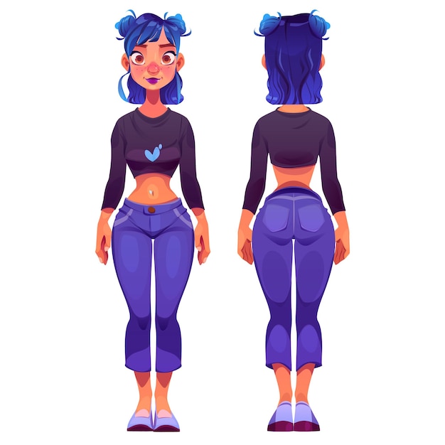 Cartoon girl front back view animation character