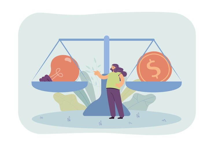 Free Vector cartoon girl in front of huge scales with lightbulb and coin