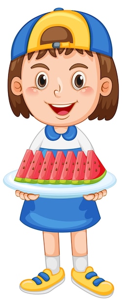 Free vector cartoon girl holding sliced watermelon plate