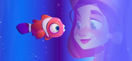 Cartoon girl looking at fish in aquarium vector