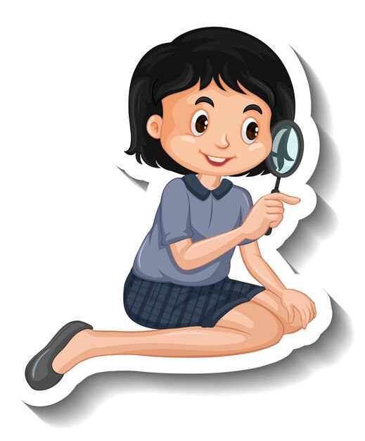 Cartoon girl looking through magnifying glass