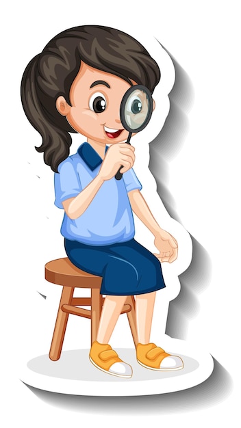 Cartoon girl looking through magnifying glass