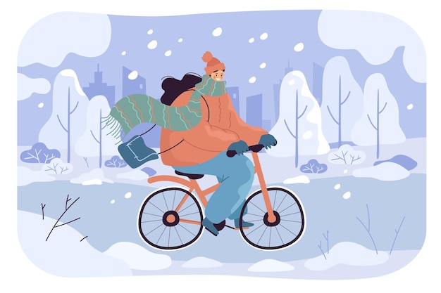 Free vector cartoon girl riding bicycle on snowy road in city