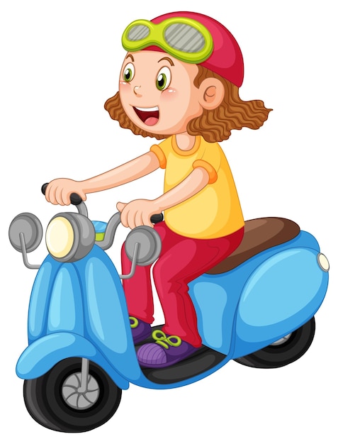 Cartoon girl riding scooter on white background