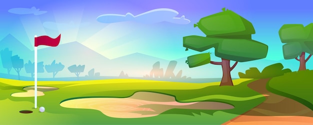 Cartoon golf course on nature landscape with red flag and ball on grass