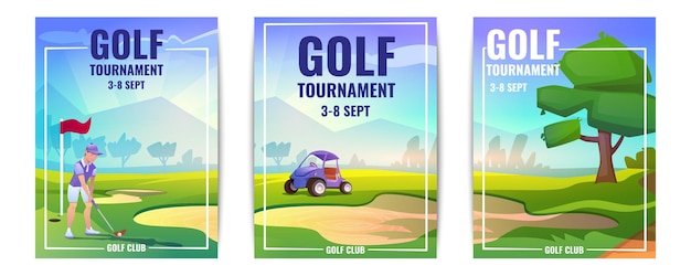 Free vector cartoon golf flyers or tournament posters golfer man