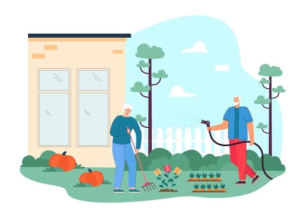 Cartoon grandparents working in garden together. elderly people planting and watering flowers flat vector illustration. gardening, family, healthy lifestyle concept for banner or landing web page