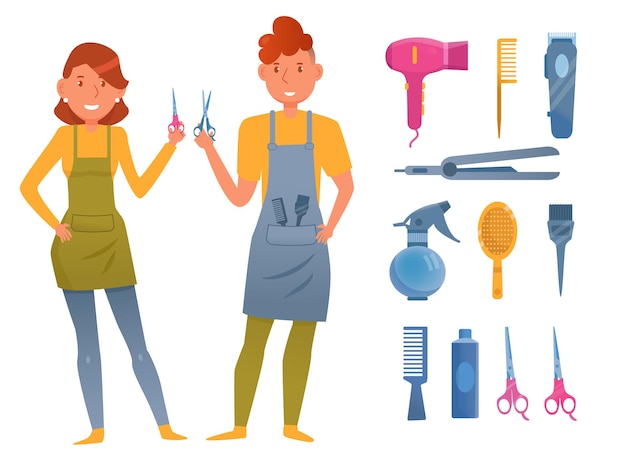 Cartoon hairdressers with accessories vector illustrations set. Characters in aprons with barbershop equipment: combs, scissors isolated on white background. Job or professions concept for kids