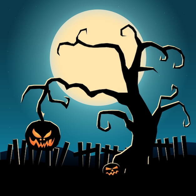 Мультяшный хэллоуин темный шаблон с страшным деревом, злой тыквой и забором