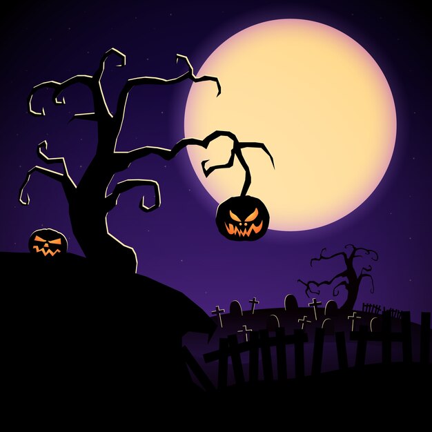 Cartoon Halloween illustration with scary tree evil pumpkins and cemetery