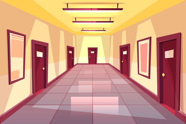cartoon hallway, corridor with many doors - college, university or office building.