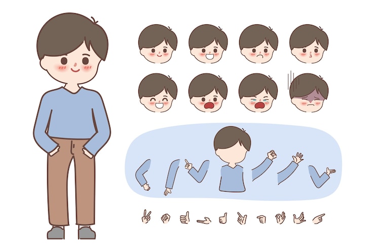 무료 Vector 만화 손으로 그린 낙서 귀여운 남자 애니메이션을위한 캐릭터 생성 디자인
