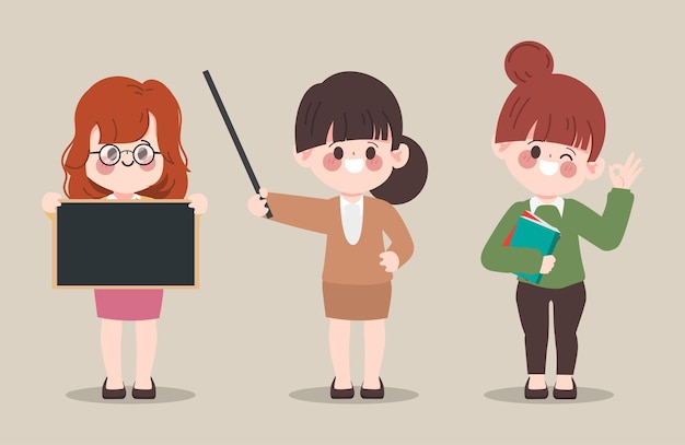 Cartoon hand drawn teacher character set. Character vector design.