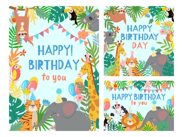 動物と子供の誕生日カードテンプレート 無料のベクター