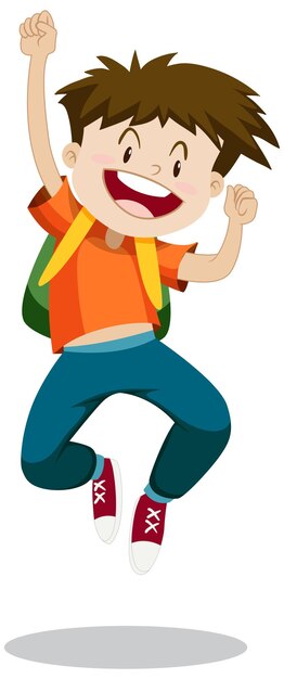 Cartoon happy boy jumping up on white background