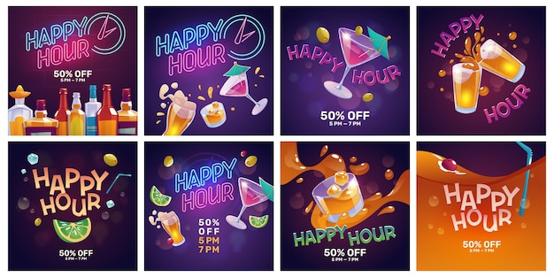 Vettore gratuito post di instagram di happy hour dei cartoni animati