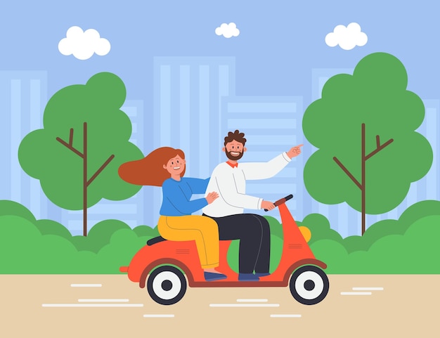 Cartoon felice uomo e donna in sella a una moto in estate su priorità bassa della foresta. veicolo ciclomotore con giovani personaggi maschili e femminili su strada illustrazione vettoriale piatto. viaggio romantico, concetto di vacanza