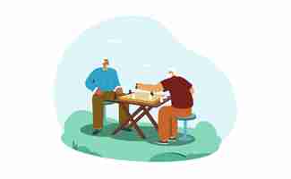 Free vector cartoon happy senior men play chess in the park