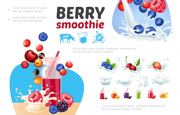 Free vector cartoon healthy berry smoothies composition with milk splashes blueberry raspberry currants blackberry cranberry pear strawberry cherry