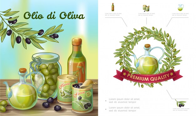 Мультяшная здоровая оливковая композиция с венком из бутылки с банкой из натурального масла, банками из зеленых и черных оливок