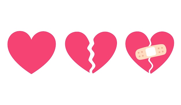 Cartoon heart set, broken heart and crack fixed with bandage. breakup and heartbreak symbol.
