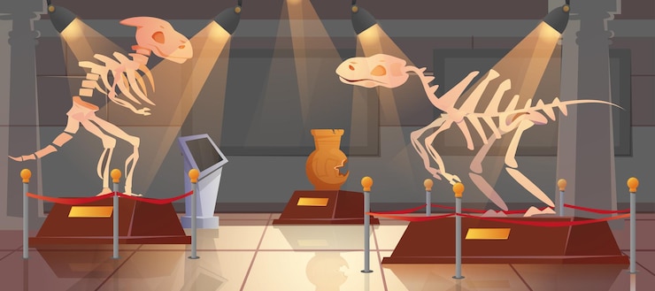 Free Vector cartoon historical museum interior of paleontology with dinosaurs skeleton