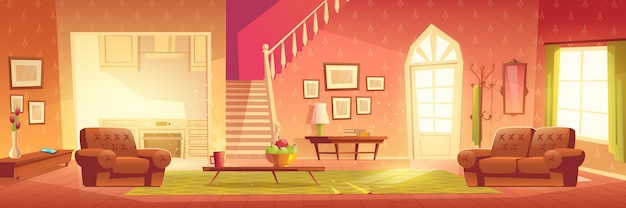 Cartoon Home Interior. Bright Hall And Living Room