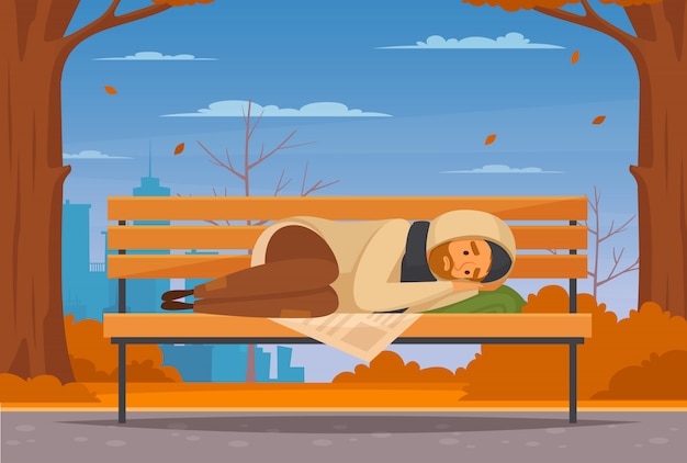 Мультяшная бездомная квартира с мужчиной лежит на скамейке на улице и ему холодно