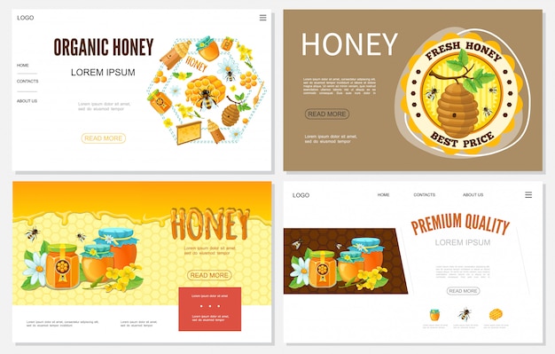 Бесплатное векторное изображение Мультяшные медовые сайты с пчелиными ульями, пчелиными сотами, цветочными горшками и баночками из органического сладкого продукта
