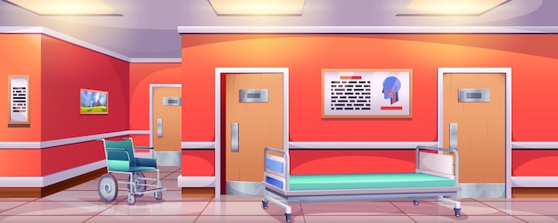 Free vector cartoon hospital hallway with wheelchair and trolley bed empty hall interior in medical clinic with ward stretcher placards on wall and surgery room doors waiting corridor or lobby for patients