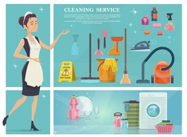Free vector cartoon house cleaning composition with maid washing machine broom towels clean plate glasses hoover iron soap sponge mop bucket