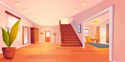 Vettore gratuito corridoio della casa dei cartoni animati e interni del soggiorno
