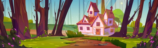 cartoon house in summer forest