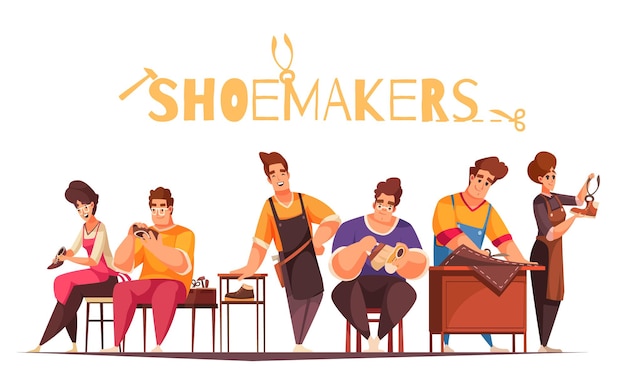 Free vector cartoon human characters of shoemakers repairing and cleaning shoes and boots illustration