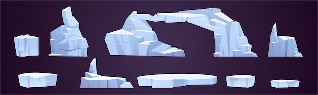 Free vector cartoon ice floes, frozen iceberg pieces, glaciers of different shapes