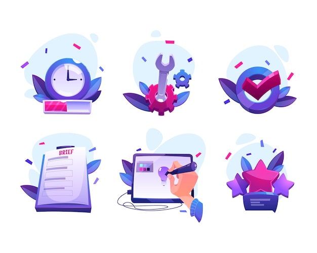 Cartoon icons of designer work process
