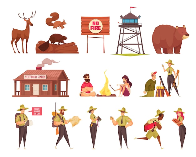 Карикатурные иконки с мужскими и женскими лесничими, охотниками на диких животных, зданием ветеринарной станции, изолированной векторной иллюстрацией Premium векторы
