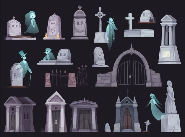 Карикатурные иконы со старым забором кладбища, часовня, надгробие, склеп, крест и призрак, изолированные на черном фоне, векторная иллюстрация