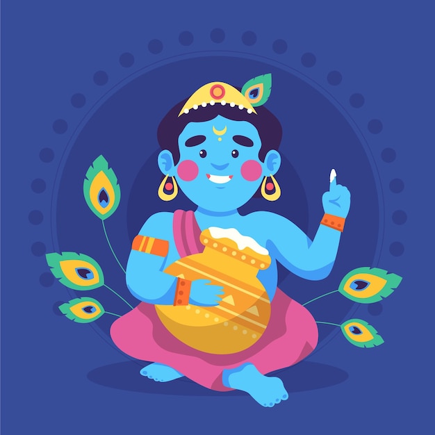 Cartoon illustration of baby krishna eating butter