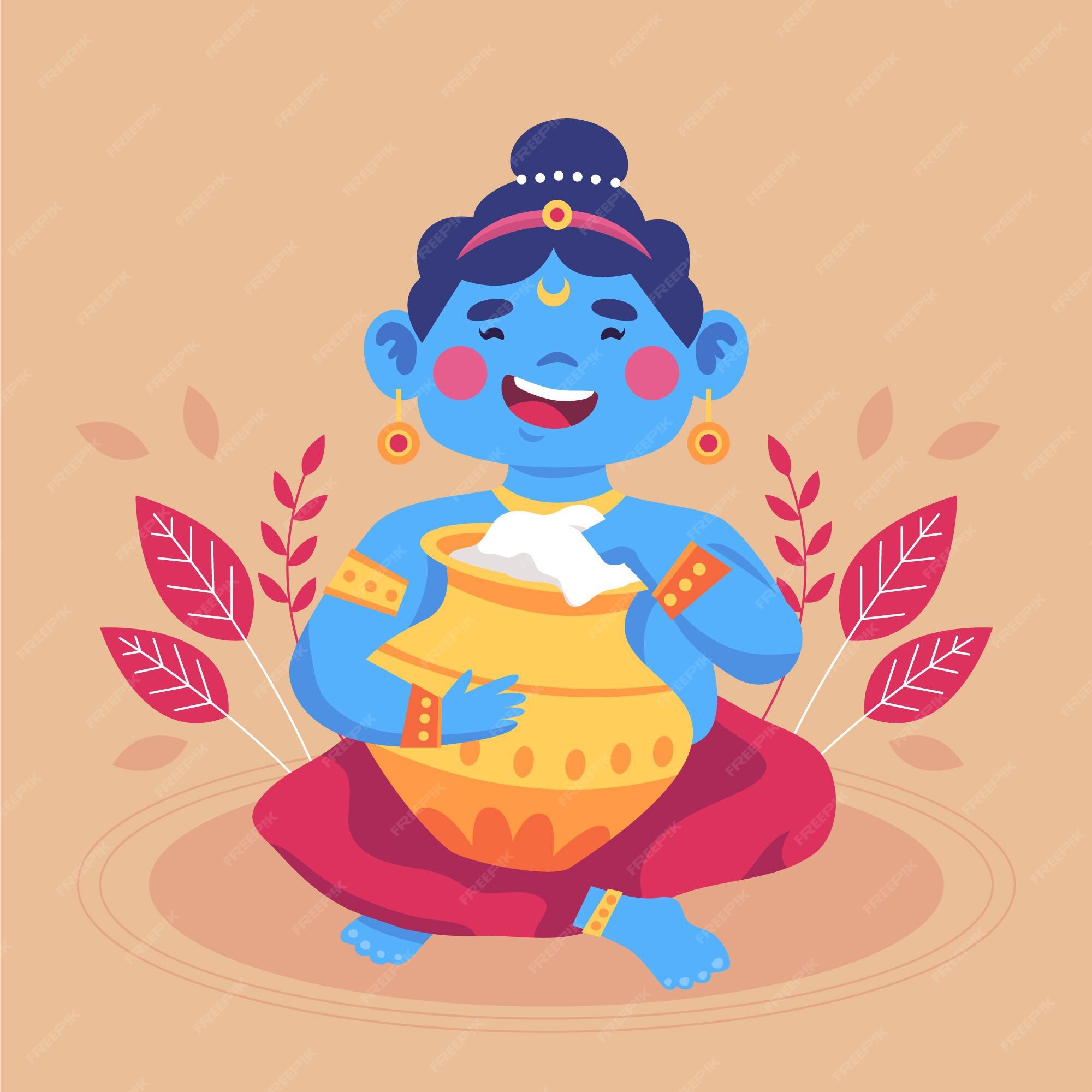 Free Vector | Cartoon illustration of baby krishna eating butter Free Vector | Cartoon illustration of baby krishna eating butter