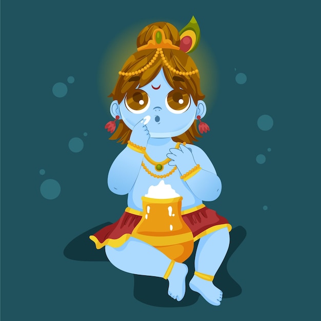 Free vector cartoon illustration of baby krishna eating butter