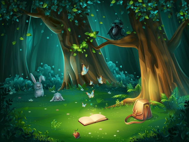 Cartoon illustration of background forest glade. bright wood with hares, butterflies and an owl in glasses, book, apple, travel bag.