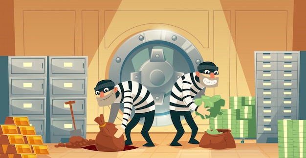 Free vector cartoon illustration of bank robbery in safety vault. two thieves stealing gold, cash