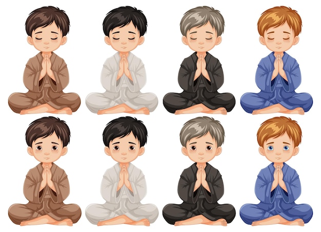 Free vector cartoon illustration of boys sitting in clam praying