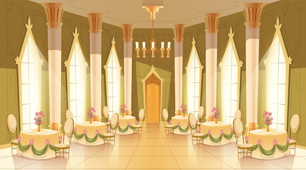 Vettore gratuito illustrazione del fumetto della sala del castello, sala da ballo per ballare, ricevimenti reali
